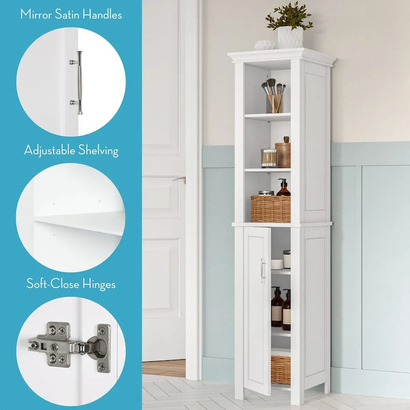 Meuble de salle de bain haut à une porte avec étagères ouvertes et réglables - Blanc