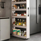 Buffet en bois moderne avec étagères ouvertes et roulettes