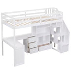 Lit mezzanine une place avec bureau en L, 3 tiroirs, placard, rangements intégrés dans l'escalier, en pin massif/MDF