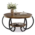 Table basse industrielle ronde de 30 pouces à 2 niveaux avec pieds réglables, étagère à grain de bois, motif flamme, assemblage facile, salon
