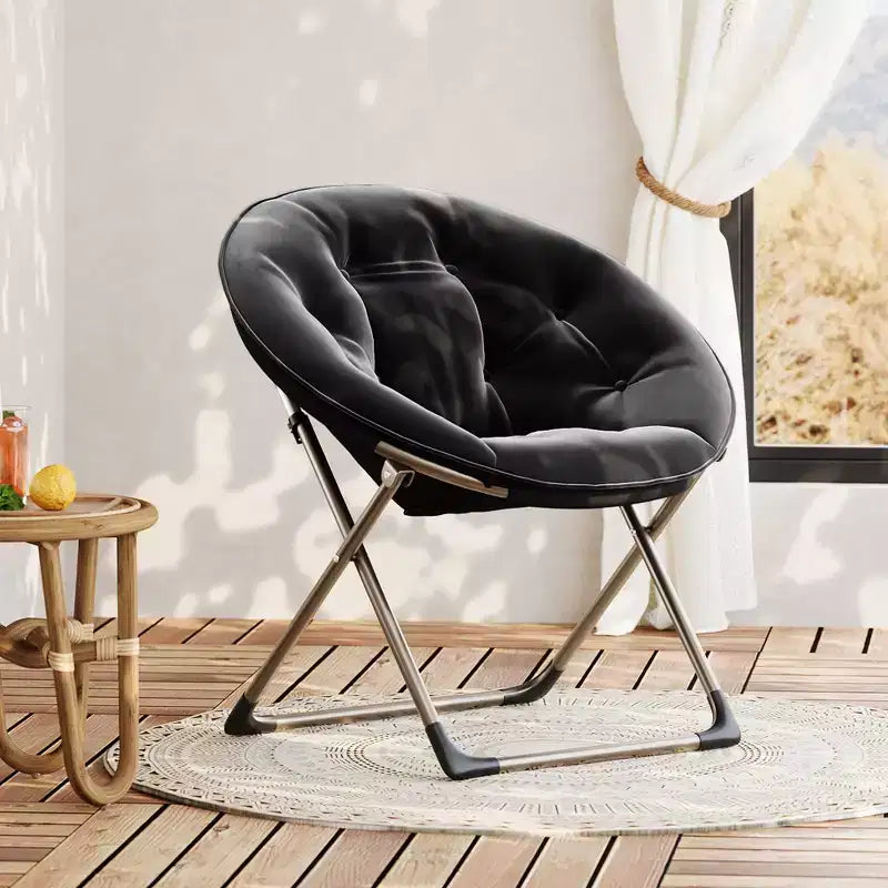 Fauteuil soucoupe, fauteuil moelleux en fausse fourrure, fauteuil lune avec structure métallique pliable, siège d'appoint floral