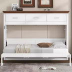 Lit escamotable double avec 3 tiroirs, armoire murale pliable, blanc