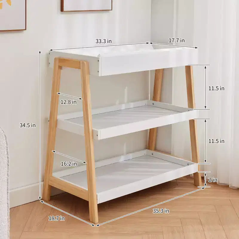 Table à langer moderne avec matelas imperméable et 2 étagères de rangement, Meuble de puériculture portable en bois pour nouveau-nés/bébés, Bois+Blanc