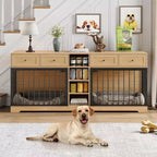 82 Meubles doubles pour cage de chien, grande niche d'intérieur pour 2 chiens, meuble TV en bois robuste avec 4 tiroirs et étagères