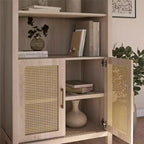 Meuble de Rangement Bohème à Arches avec 2 Portes en Faux Rotin, 5 Étagères Réglables pour Salon, Cuisine, Beige
