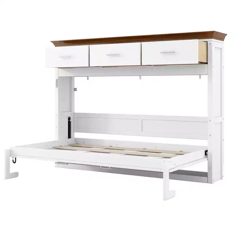 Lit escamotable double avec 3 tiroirs, armoire murale pliable, blanc