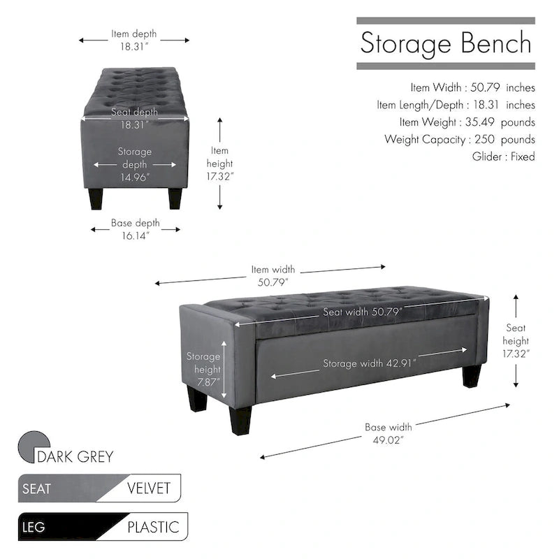 Banc de rangement capitonné en velours avec dessus rabattable