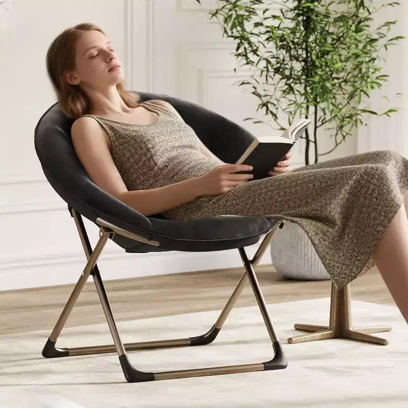 Fauteuil soucoupe, fauteuil moelleux en fausse fourrure, fauteuil lune avec structure métallique pliable, siège d'appoint floral