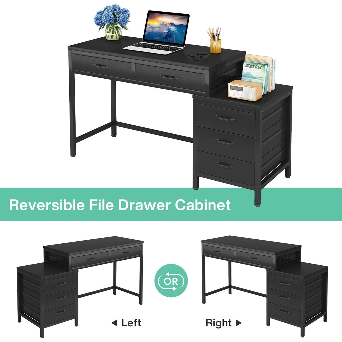Bureau d'ordinateur réversible avec 5 tiroirs, bureau de travail à domicile avec caisson de rangement pour dossiers et support pour imprimante