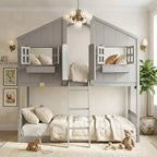 Lit mezzanine cabane de taille double, lit mezzanine cabane en bois avec échelle et barrières de sécurité pour enfants
