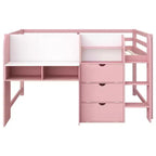 Lit mezzanine bas rose/blanc avec bureau, rangement et tableau blanc – 1 personne, format simple