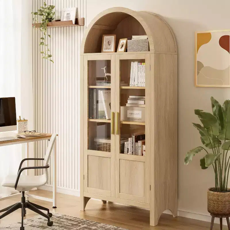 Meuble de rangement haut cintré de 71 po avec 2 portes en acrylique et étagères pour salon