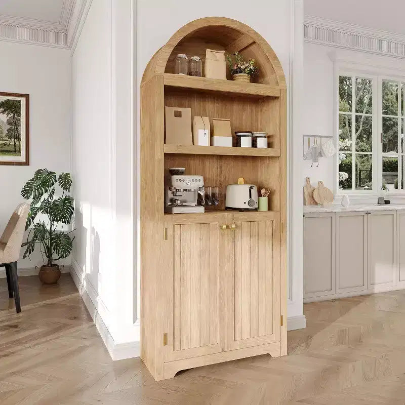 Armoire arquée haute de 183 cm, bibliothèque arquée à 5 niveaux avec doubles portes et étagère réglable, bibliothèque en bois avec rangement pour bureau à domicile