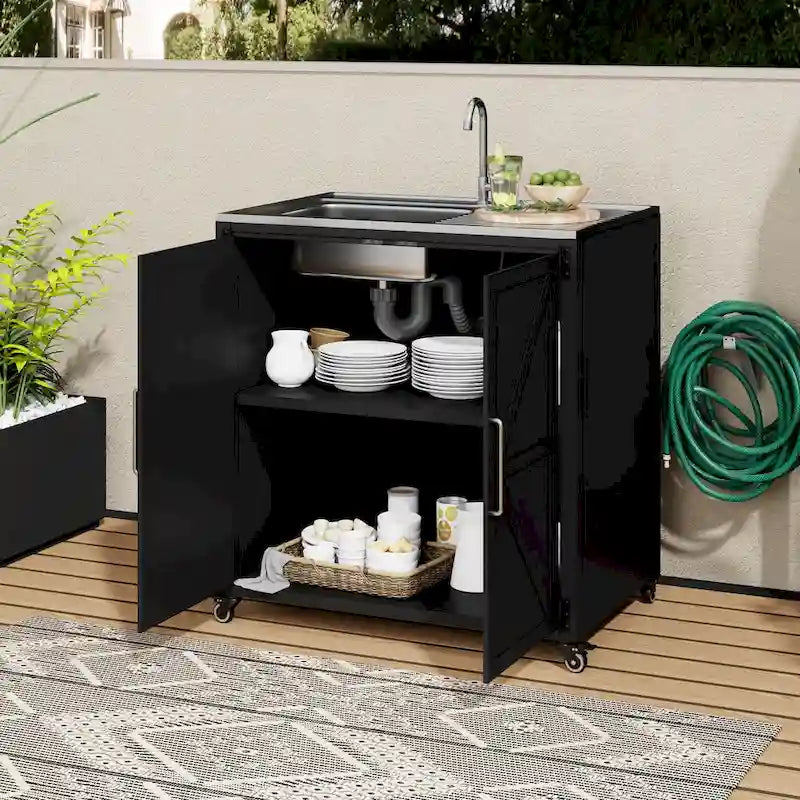 Évier de cuisine d'extérieur mobile, station évier de cuisine modulaire de patio avec armoire