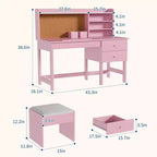 Ensemble bureau et chaise pour enfants, table d'étude en bois avec plateau inclinable réglable, tiroirs et tableau en liège - Ensemble de bureau scolaire pour enfants
