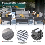 Ensemble de mobilier de patio 4 pièces, ensemble de conversation de jardin extérieur avec table en verre trempé, sièges profonds et coussins épais