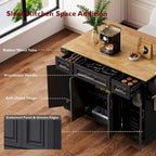 54 Grand îlot de cuisine avec plateau rabattable en bois d'hévéa, chariot de cuisine roulant à texture gaufrée sur 4 roues avec 4 portes et 3 tiroirs