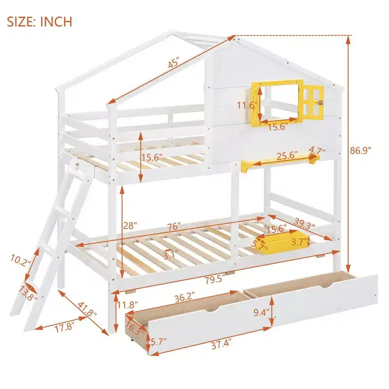 Lit superposé cabane jumeau sur jumeau avec 2 tiroirs, étagères de rangement et fenêtre
