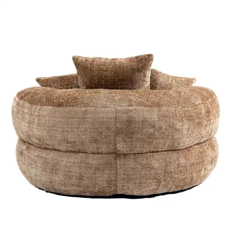 Fauteuil d'appoint rond surdimensionné avec haut dossier enveloppant, revêtement en chenille et 3 coussins