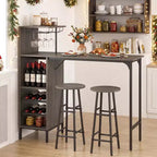 Costway Ensemble table de bar et chaises 3 pièces Table et tabourets de pub industriels avec porte-bouteilles Marron/Chêne