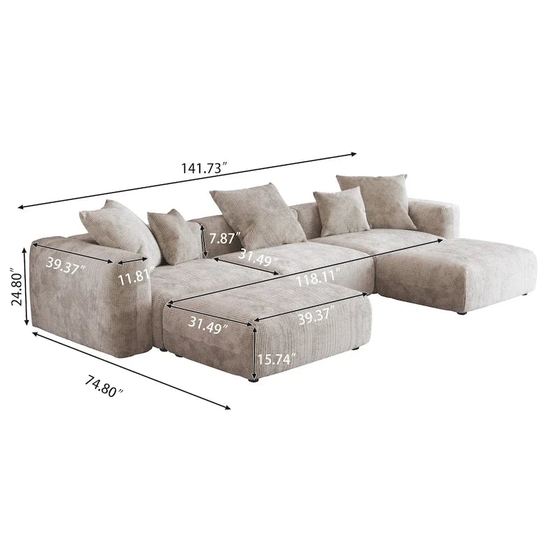 Canapé d’angle modulable 141,73, canapé en velours côtelé en U avec poufs