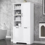 Meuble de rangement de salle de bain avec portes et tiroirs, panier à linge inclinable, plusieurs espaces de rangement, style autoportant