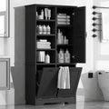 Meuble de rangement de salle de bain avec portes et tiroirs, panier à linge inclinable, plusieurs espaces de rangement, style autoportant