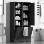 Meuble de rangement de salle de bain avec portes et tiroirs, panier à linge inclinable, plusieurs espaces de rangement, style autoportant