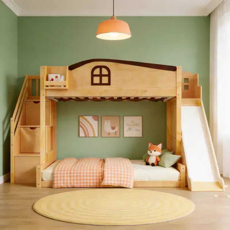 Lit superposé deux places et une place avec toboggan, étagères, escalier de rangement et armoire pour chambre d'enfant