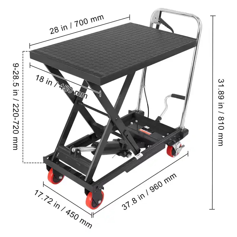 Chariot à table élévatrice hydraulique, capacité de 227 kg, hauteur de levage de 72 cm, table élévatrice manuelle à simple ciseaux avec 4 roues et tapis antidérapant