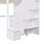 Lit mezzanine une place avec bureau en L, 3 tiroirs, placard, rangements intégrés dans l'escalier, en pin massif/MDF