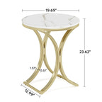 Petite table d'appoint ronde moderne, bout de canapé ou table de chevet avec structure en métal doré et plateau en bois d'ingénierie aspect marbre pour salon