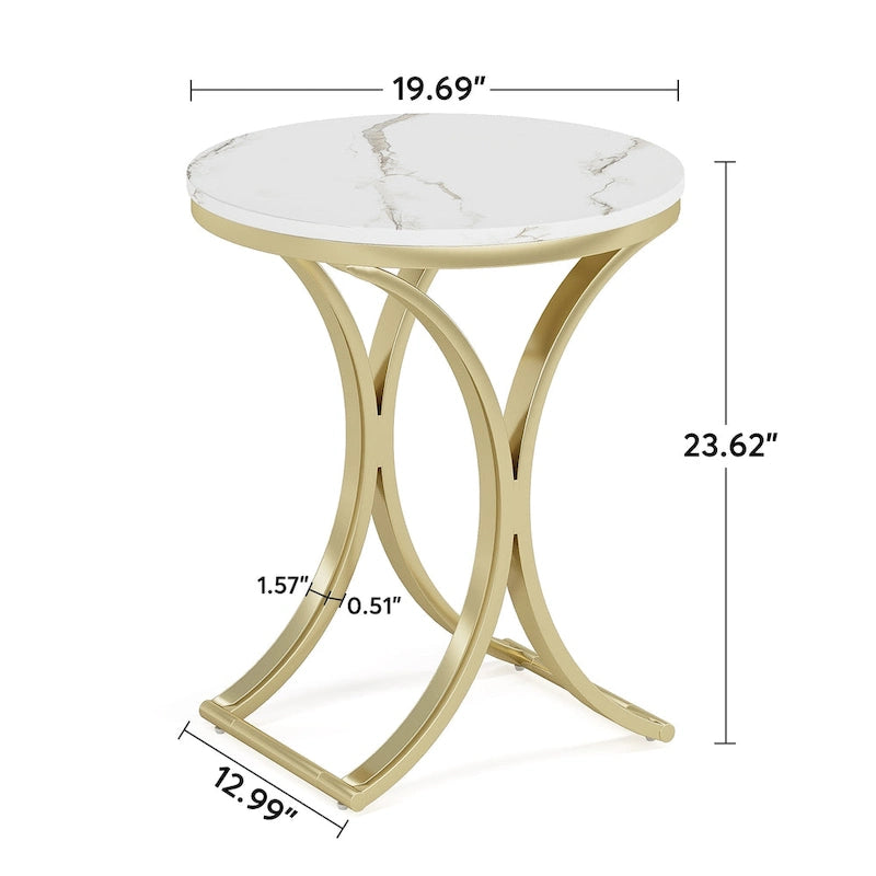 Petite table d'appoint ronde moderne, bout de canapé ou table de chevet avec structure en métal doré et plateau en bois d'ingénierie aspect marbre pour salon