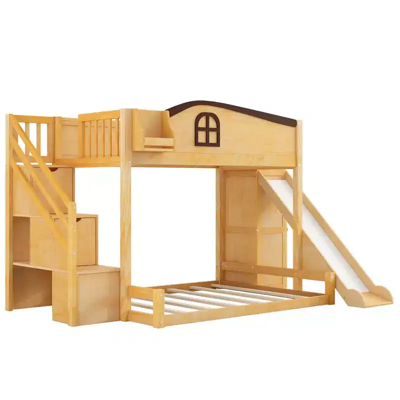 Lit superposé deux places et une place avec toboggan, étagères, escalier de rangement et armoire pour chambre d'enfant