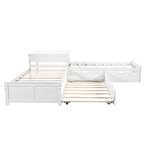 Lit plateforme moderne blanc en forme de L pour deux personnes avec lit gigogne et tiroirs pour chambre à coucher