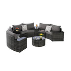 Ensemble de canapé modulaire d'extérieur semi-circulaire 11 pièces avec table basse en verre trempé et 4 tables d'appoint