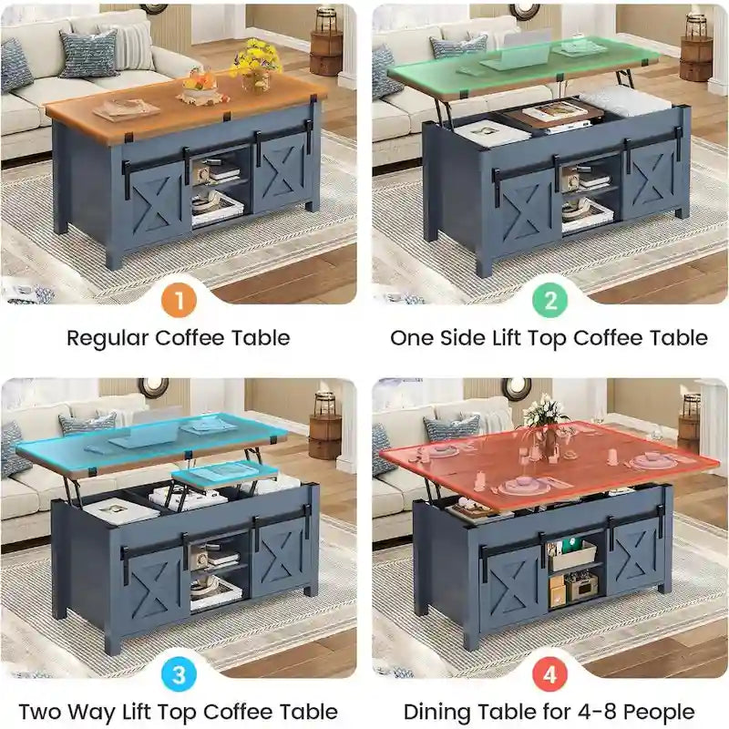 Table basse relevable avec 2 portes de grange coulissantes et rangement