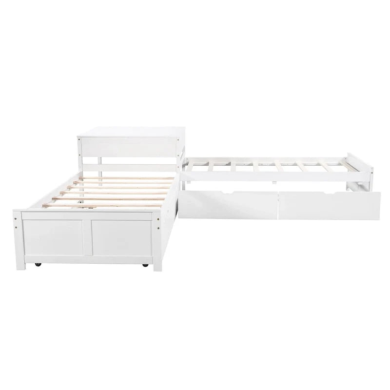 Lit plateforme moderne blanc en forme de L pour deux personnes avec lit gigogne et tiroirs pour chambre à coucher