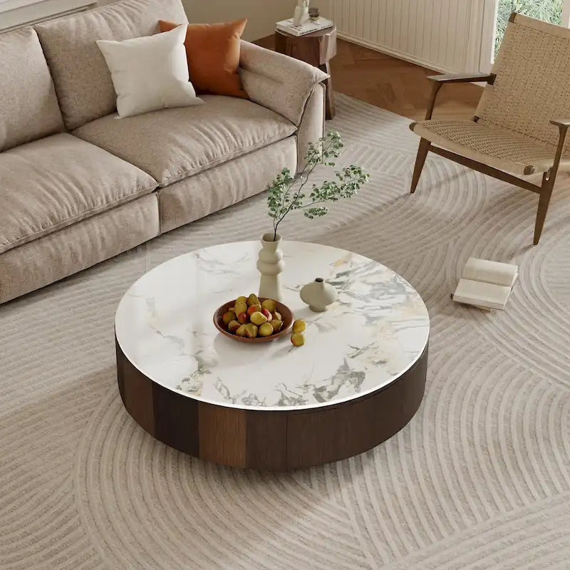 Table basse ronde moderne de 35 en faux marbre, plateau en pierre frittée blanche brillante, table de style milieu du siècle avec tiroir en bois massif