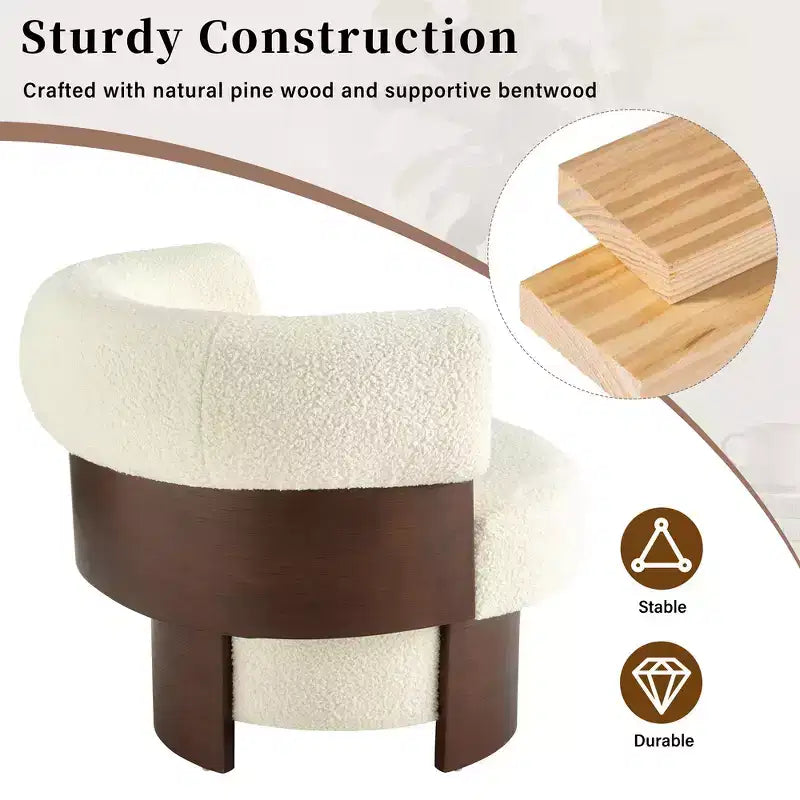 Fauteuil tonneau pivotant à 360° Whisen avec design sculptural en bois cintré, structure en bois massif, 32 po de largeur, polyvalent pour le salon et la chambre à coucher