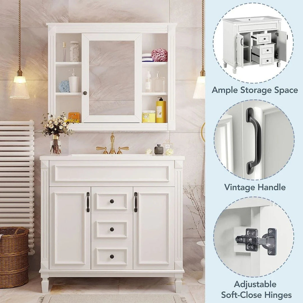 Meuble-lavabo moderne de 36 po avec vasque et armoire à miroir, 2 portes et 2 tiroirs
