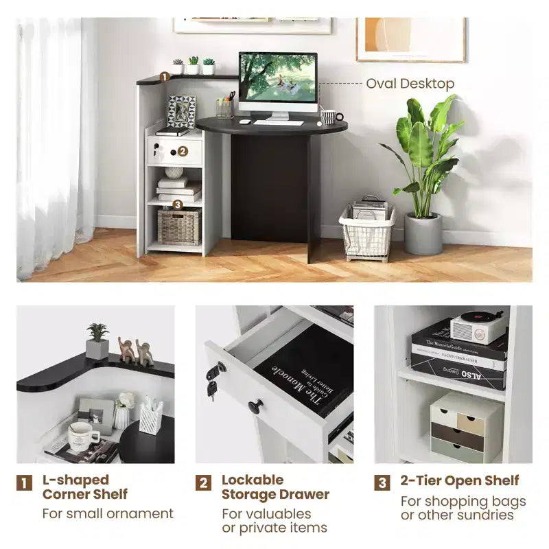 Costway Comptoir de Réception Bureau de Caisse avec Étagère Ouverte et Tiroir Verrouillable Blanc/Marron/Noir