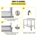 VEVOR Table de préparation en acier inoxydable, 76 x 61 x 89 cm, capacité de charge de 200 kg, table de travail en métal robuste, argent