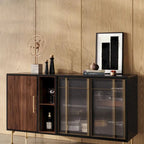 55.12 Buffet-Bahut Moderne Milieu de Siècle 3 Portes, Cadre en Bois Massif Multicouche, Placage Noyer, Entièrement Assemblé - 55.12