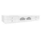 Meuble TV pour téléviseur de 95 pouces, console média extra-longue avec 2 portes et 4 tiroirs, grand meuble de rangement TV avec portes en verre cannelé