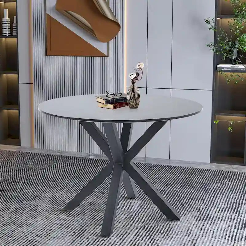 Table de salle à manger ronde minimaliste moderne avec plateau en MDF et pieds en métal