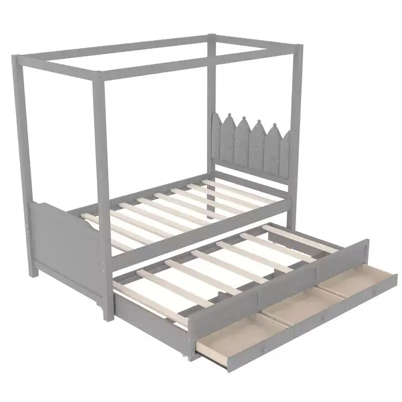 Lit plateforme double/grand format avec lit gigogne, lit à baldaquin en bois de princesse avec 3 tiroirs, lit de rangement avec tête de lit capitonnée pour chambre à coucher