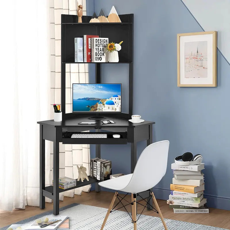 Bureau d'angle avec huche Bureau d'ordinateur d'angle triangulaire avec étagères