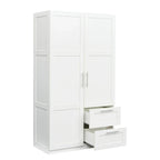 Armoire de rangement en bois blanc avec portes, tiroirs et tringle à vêtements
