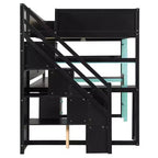 Lit mezzanine GDFStudio Scott en bois avec escalier de rangement, bureau, étagères et panneau perforé